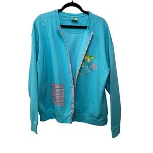 Comfort Colors XL Butterfly Embroidered Sweatshirt‎ Cardigan Blue Fairy Granny